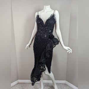 Vintage Black Sequin Prom Dress – Asymmetrical Ruffle Mermaid Gown XS/S